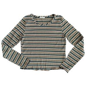 PINC Earthcore Striped Ribbed Lettuce Hem Top Olive Mustard Small
